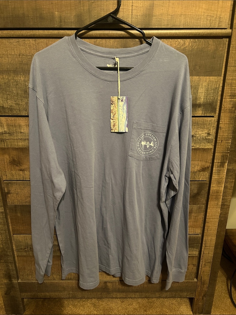 Men's Long-Sleeve Pocket Tee in Dusty Blue with Logo